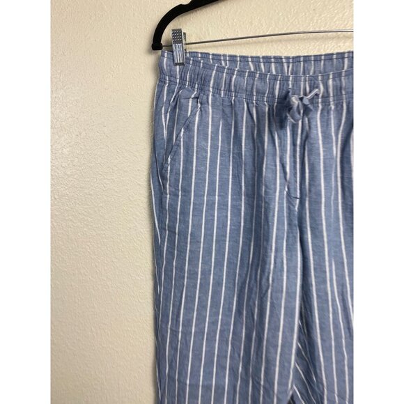 Serra Linen Blend Stripe Blue Womens Pants size Medium Lagenlook Pull on Elastic - Picture 9 of 13